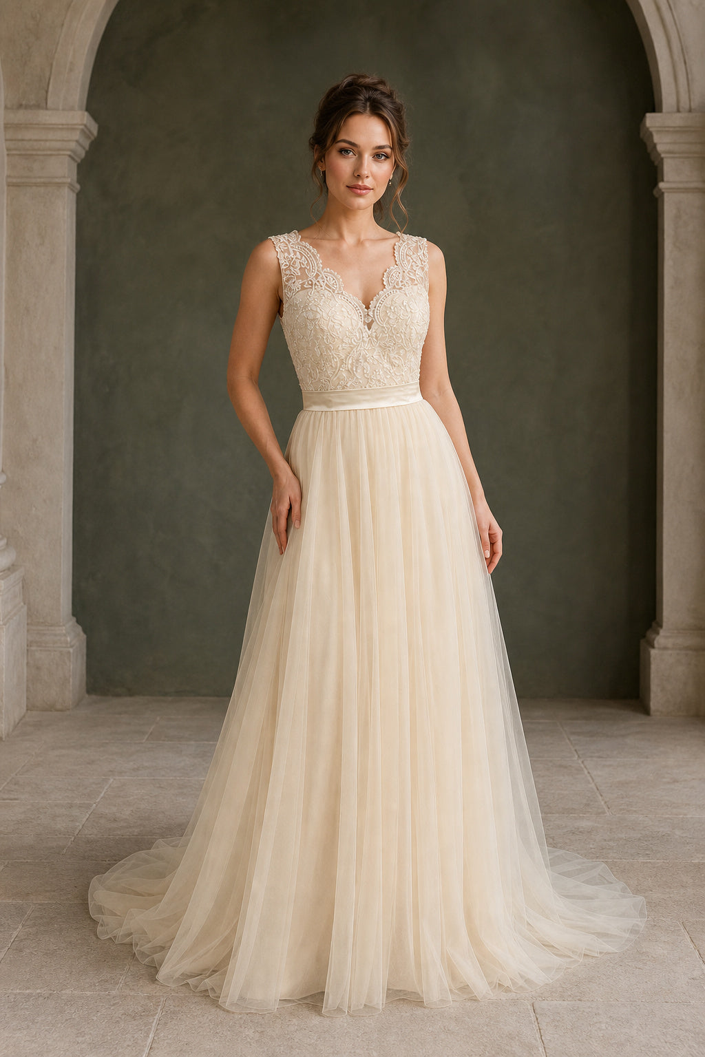 Ivory V-neck Sleeveless A-Line Tulle Floor-Length Wedding Dress With Lace Bodice