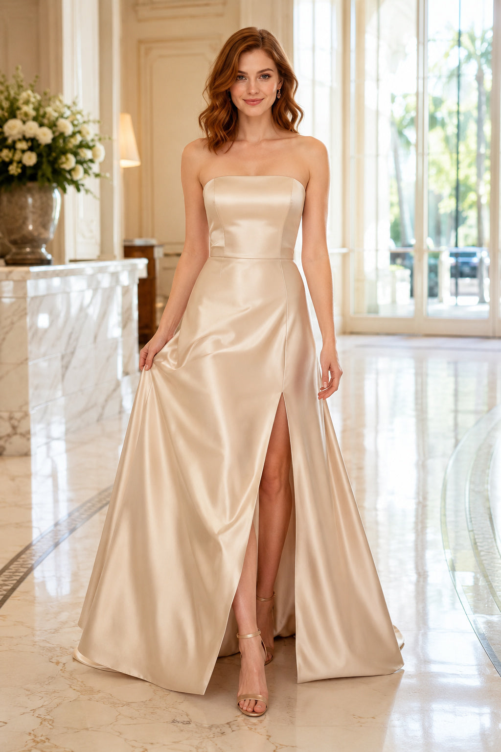 Champagne strapless satin A line dress with thigh slit and softly pleated skirt Floor-length A-Line Prom Dress front view