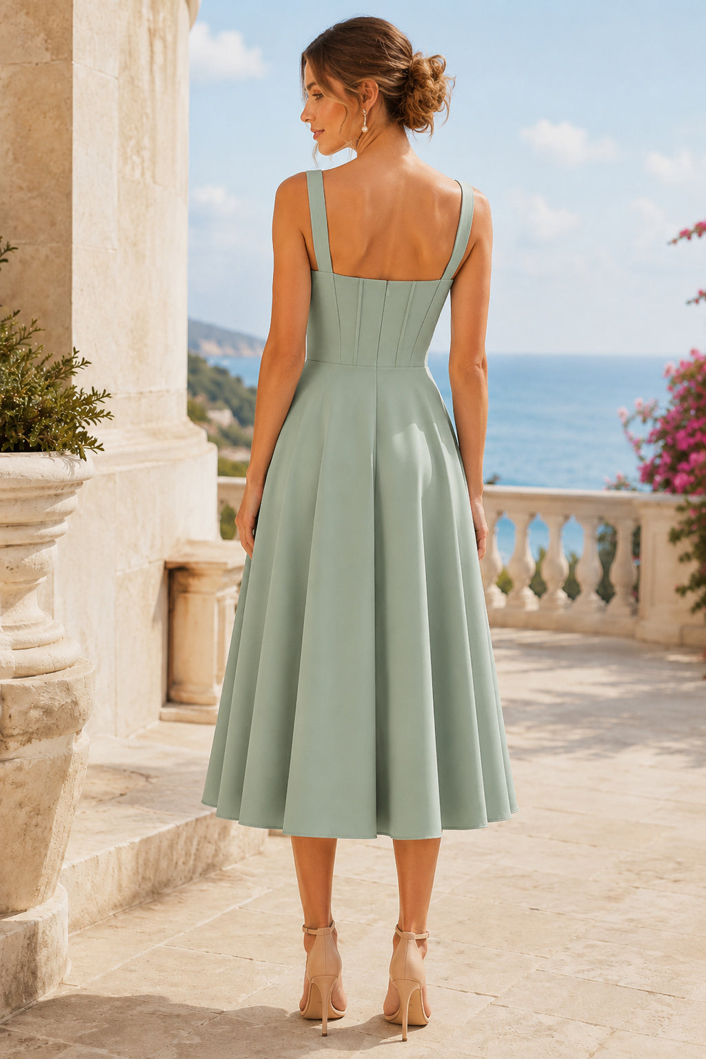 Sage Green Bridesmaid Guest Dress Chiffon A-Line Square Neck Tea Length back view