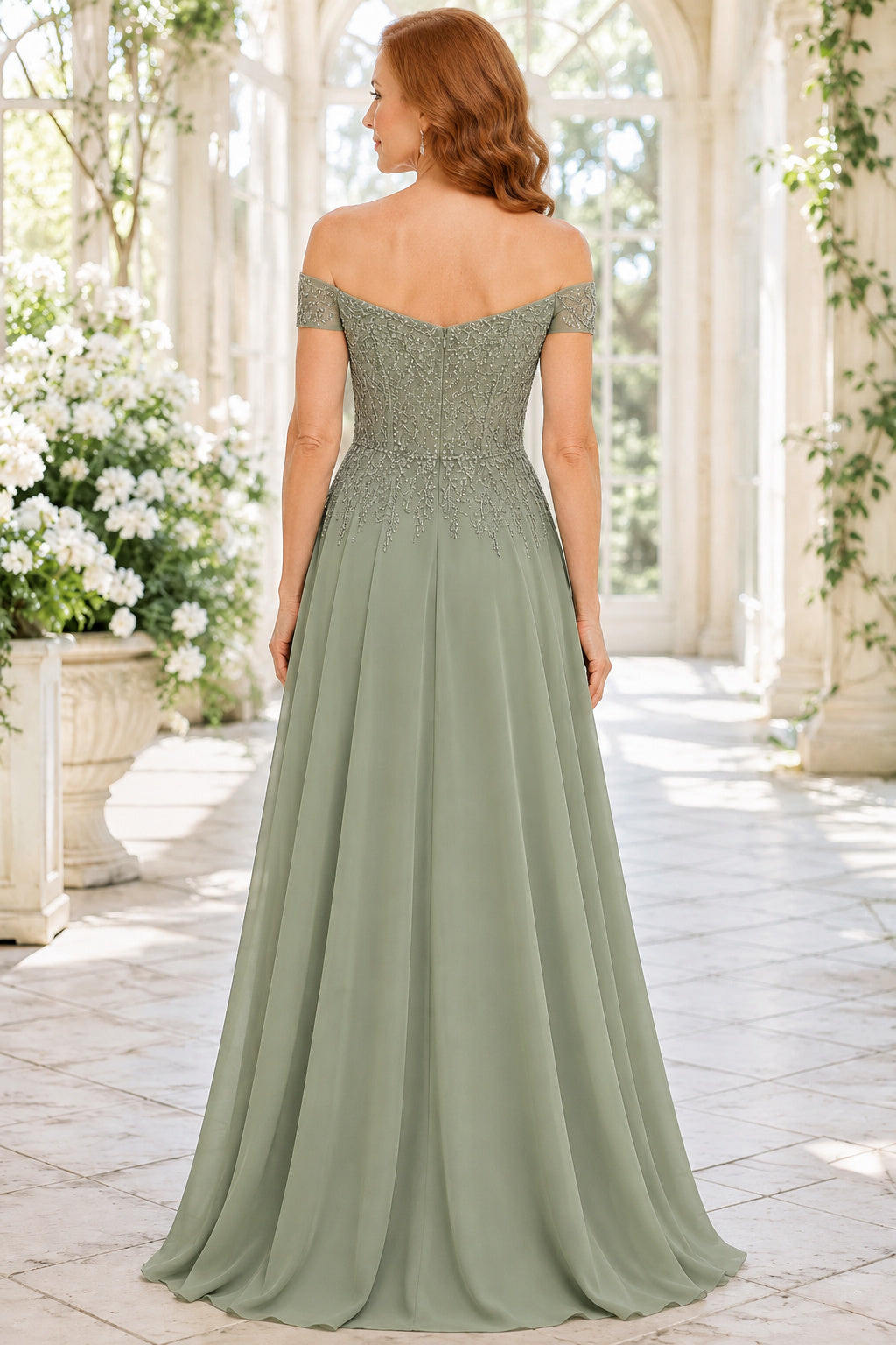 Sage Off Shoulder Chiffon A-Line Mother Dress with Beaded Bodice and Full Skirt back view