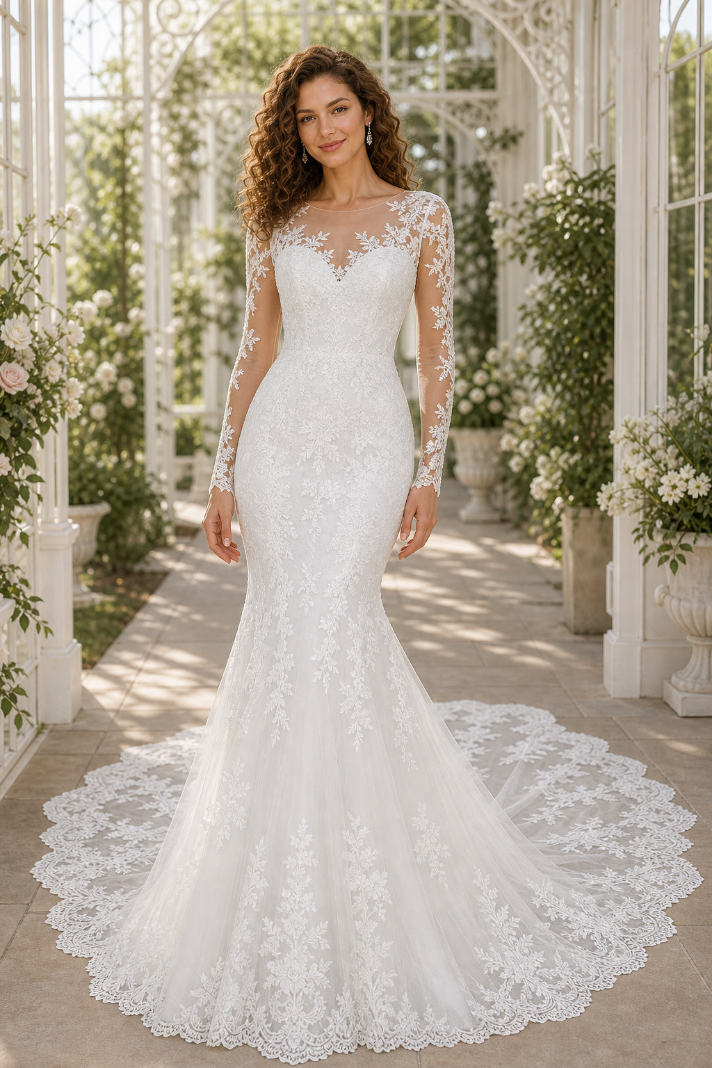 Ivory One-shoulder Long Sleeves Mermaid Lace Floor-length Wedding Dress With Lace and Train