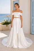 Ivory Off-the-shoulder Off-the-shoulder Two-Piece Satin Floor-length Wedding Dress With Two-Piece and Pleats and Lace-up Back