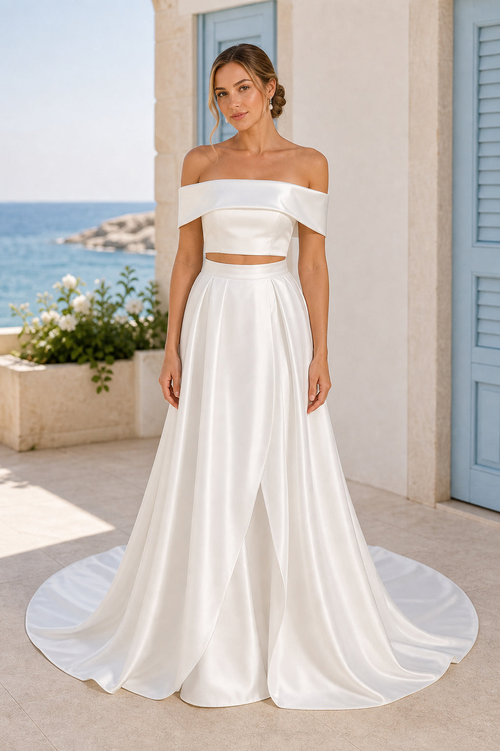 Ivory Off-the-shoulder Off-the-shoulder Two-Piece Satin Floor-length Wedding Dress With Two-Piece and Pleats and Lace-up Back