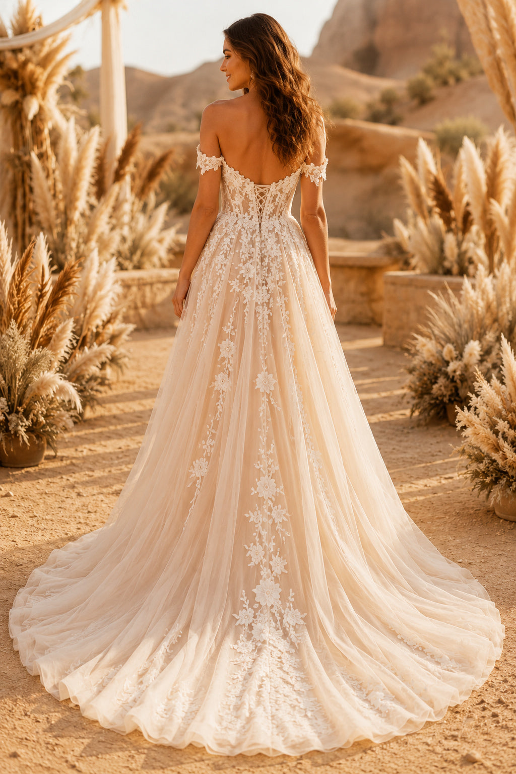 Champagne Off-the-Shoulder Floral Applique A-Line Wedding Dress with Train back view