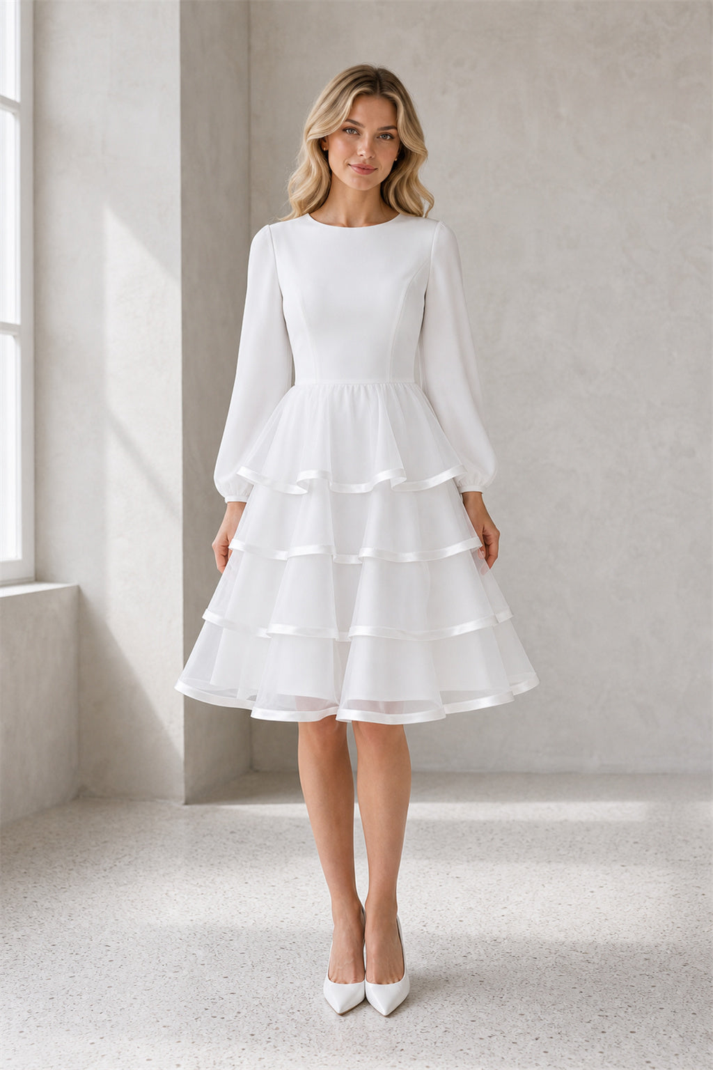 White Bateau Long Sleeves A-Line Organza Knee-length Dress With Tiered Skirt