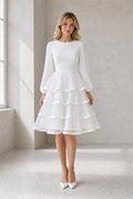 White Bateau Long Sleeves A-Line Organza Knee-length Dress With Tiered Skirt