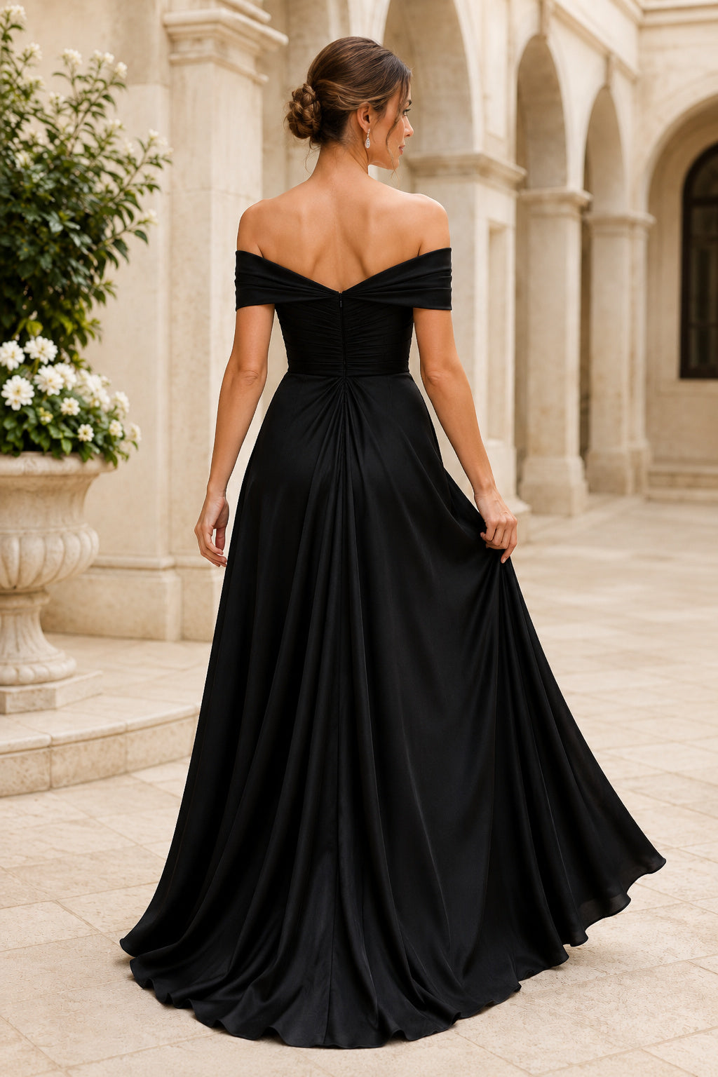 Black off the shoulder chiffon A line gown with side drape and thigh slit Floor-length A-Line Formal Dress back view