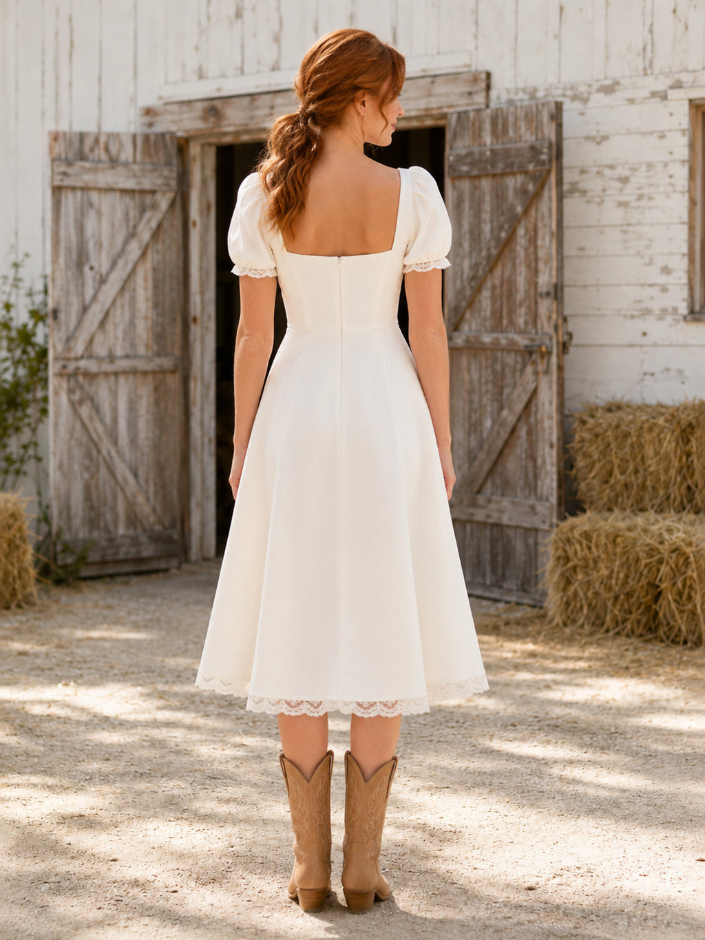 Simple Satin Tea-Length A-Line Square Neck Puff Sleeve Wedding Dress back view