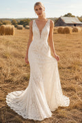 Ivory Spaghetti Strap Mermaid Lace Wedding Dress with Deep V-Neck and Train front view