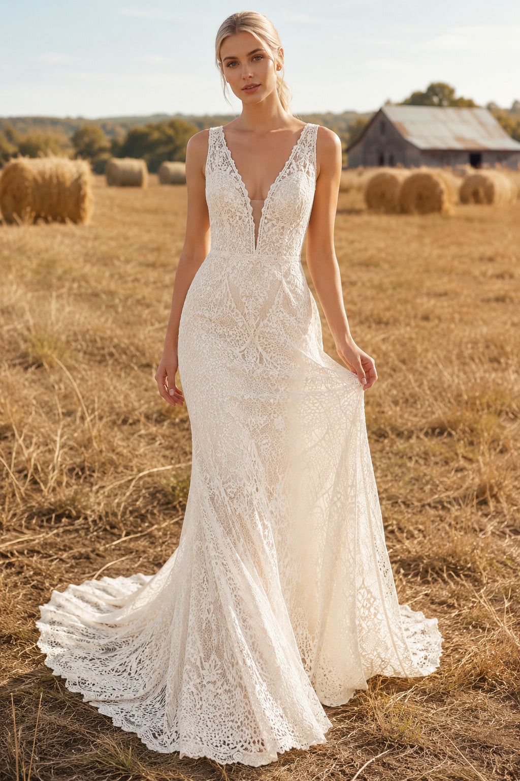 Ivory Spaghetti Strap Mermaid Lace Wedding Dress with Deep V-Neck and Train front view