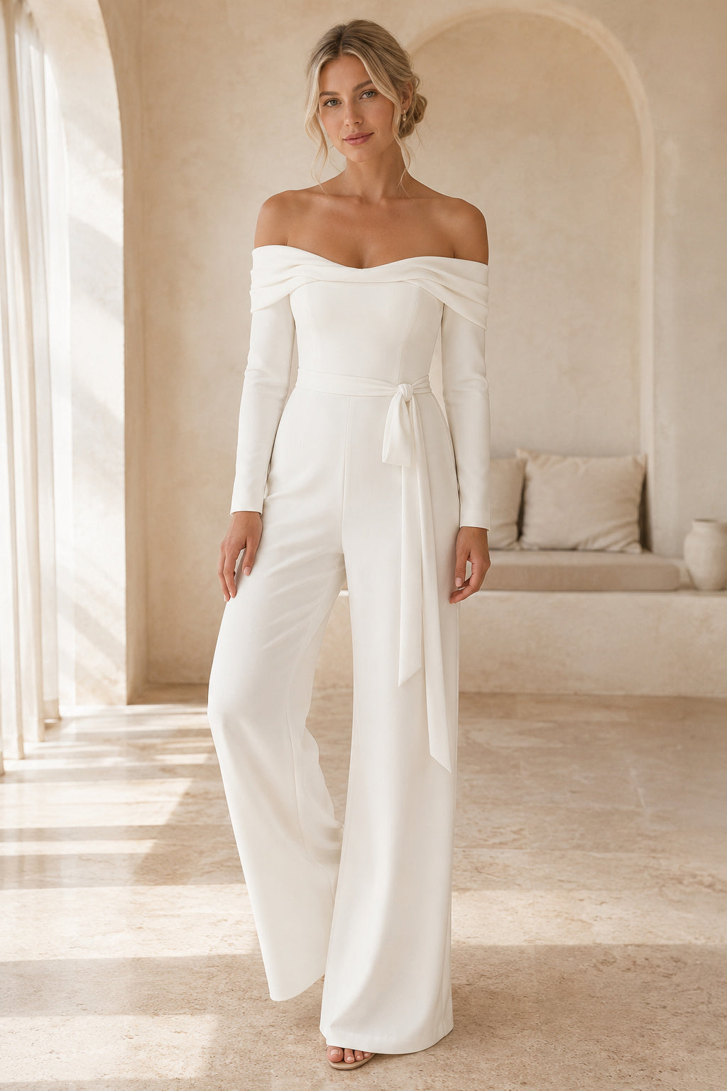 Ivory Off-the-Shoulder Long Sleeve Bridal Jumpsuit with Belted Waist front view