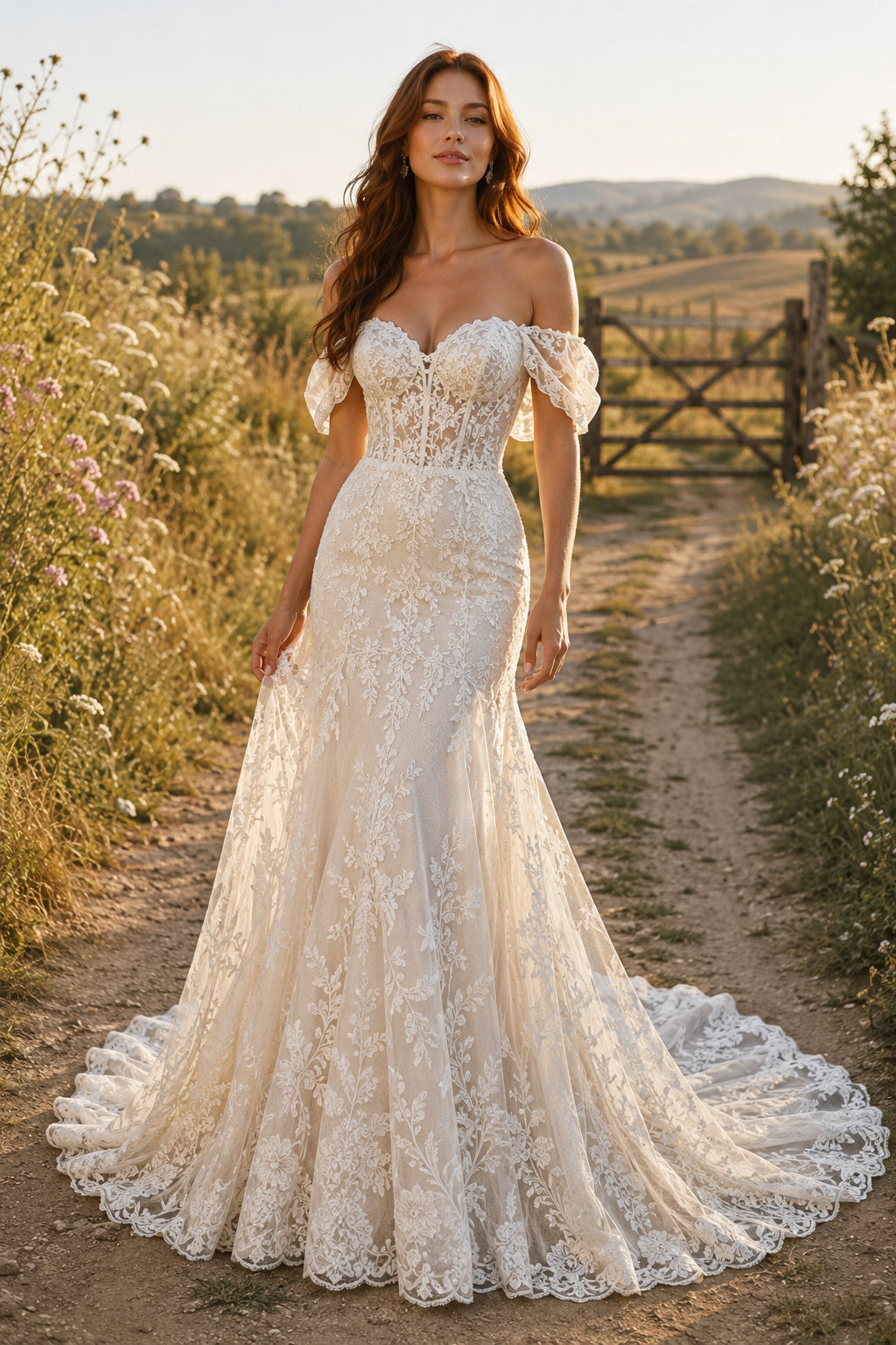 Ivory Off-the-Shoulder Lace Mermaid Wedding Dress with Flutter Sleeves and Scalloped Train front view