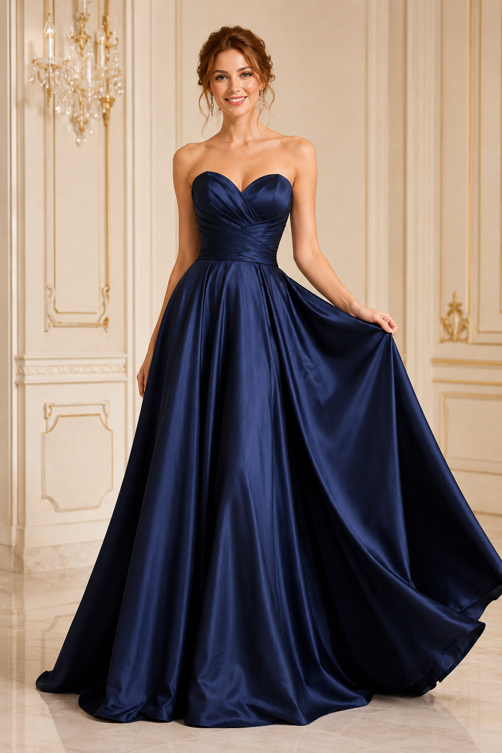 Dark Navy strapless satin ball gown with sweetheart bodice and full skirt Floor-length And Sweep/Brush Train Ball Gown Prom D