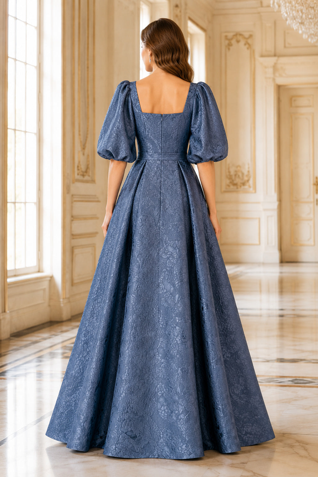 Steel Blue Square Neck Jacquard Ball Gown with Puff Sleeves for Mother of the Bride and Wedding Guest Events back view