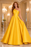 Daffodil one shoulder satin ball gown with clean full skirt and structured bodice Floor-length And Sweep/Brush Train Ball Gow