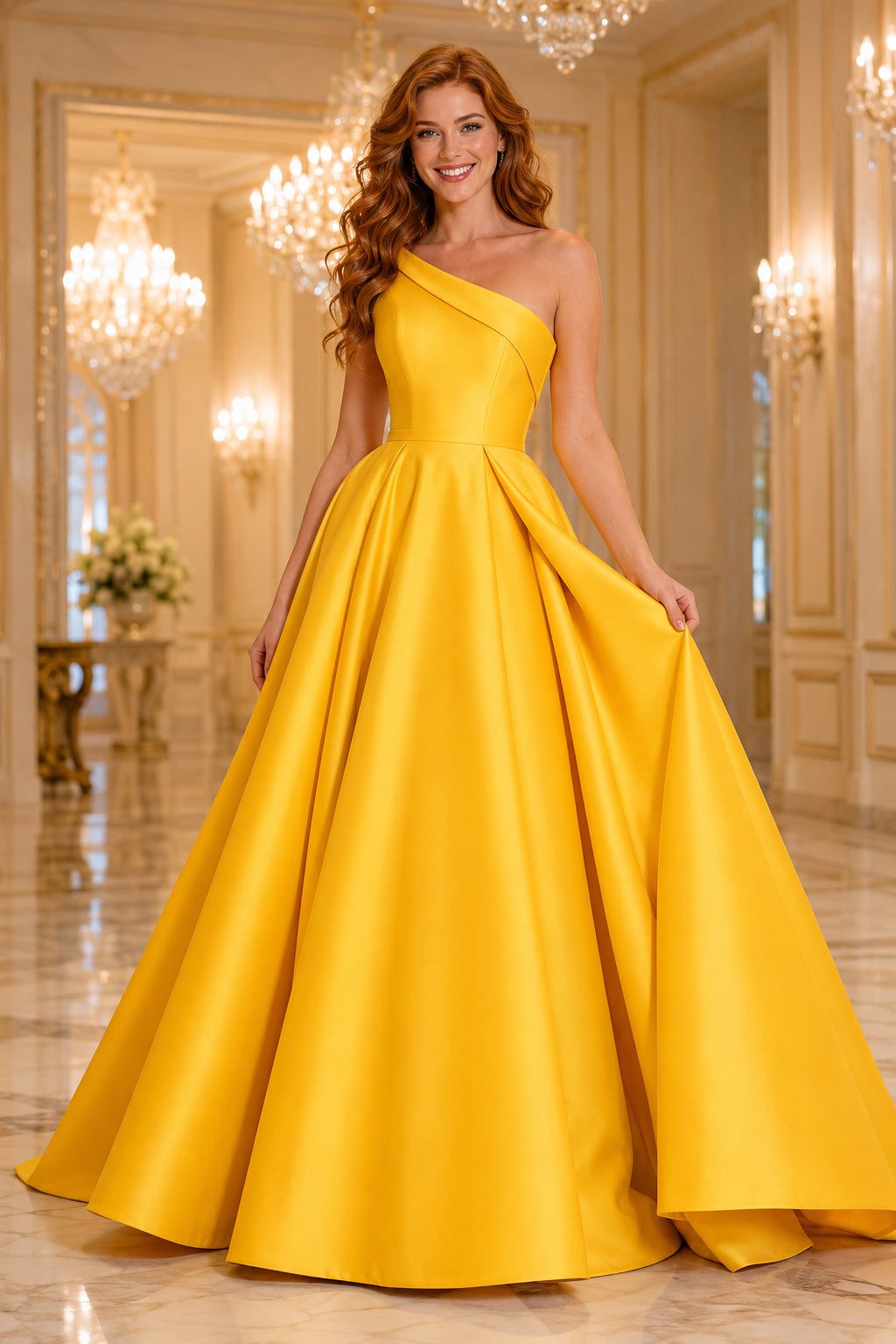 Daffodil one shoulder satin ball gown with clean full skirt and structured bodice Floor-length And Sweep/Brush Train Ball Gow