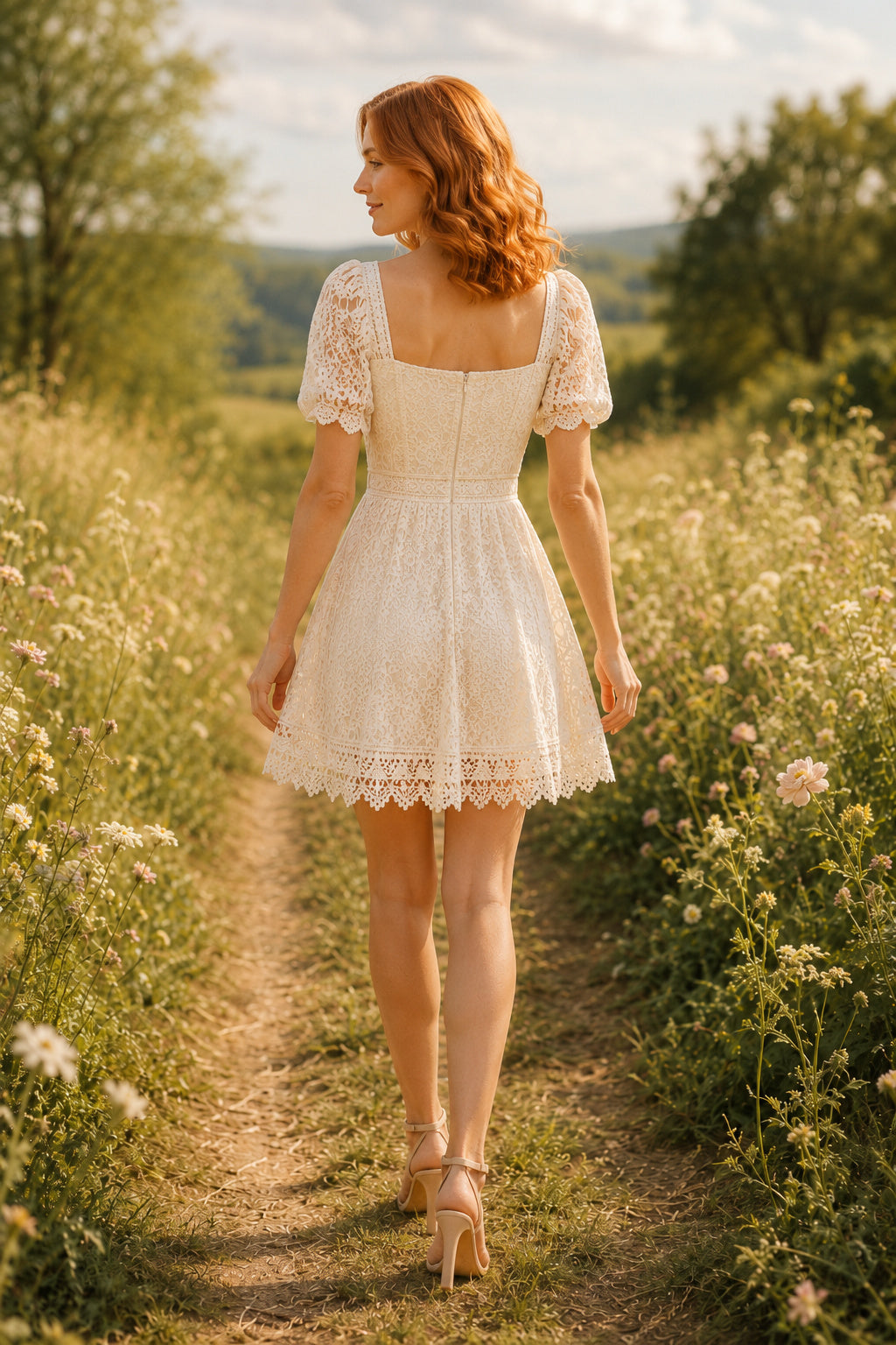 Ivory Square Neck Puff Sleeve Lace Mini Wedding Dress with Scalloped Short Hem for Garden Reception back view