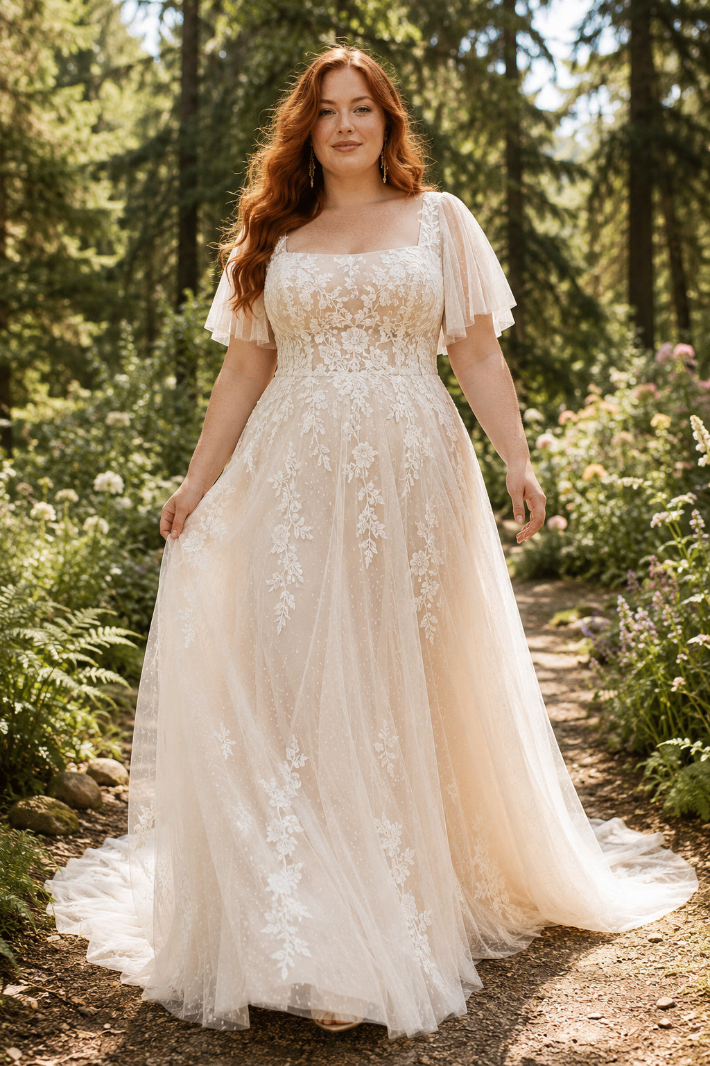 Plus Size Ivory Square Neck Flutter Sleeve Lace Tulle A-Line Wedding Dress with Flutter Sleeves and Lace Appliques front view