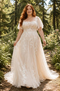 Plus Size Ivory Square Neck Flutter Sleeve Lace Tulle A-Line Wedding Dress with Flutter Sleeves and Lace Appliques front view