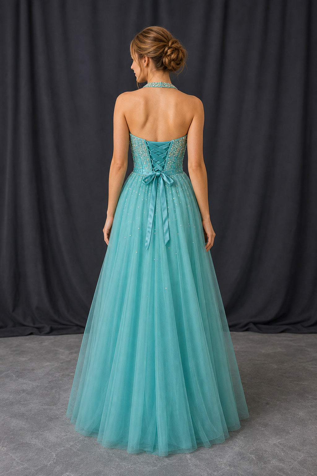 Aqua V-neck Spaghetti Strap A-Line Tulle Floor-Length Dress With Back Bow