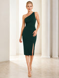 Dark Green One Shoulder Crepe Sheath Cocktail Dress front view