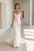 Cowl Neck Spaghetti Strap Satin Wedding Dress with Court Train front view