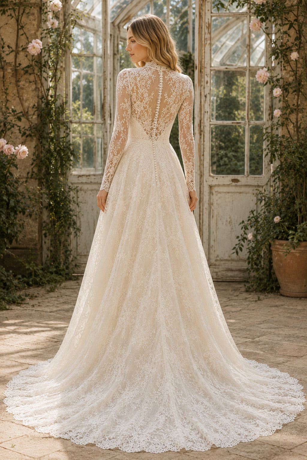 Ivory High Neck Long Sleeve Lace A-Line Wedding Dress with Illusion Back and Train back view
