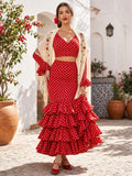 Red White Polka Dot Sweetheart Ruffle Crop Top Tiered Mermaid Two Piece Flamenco Set front view
