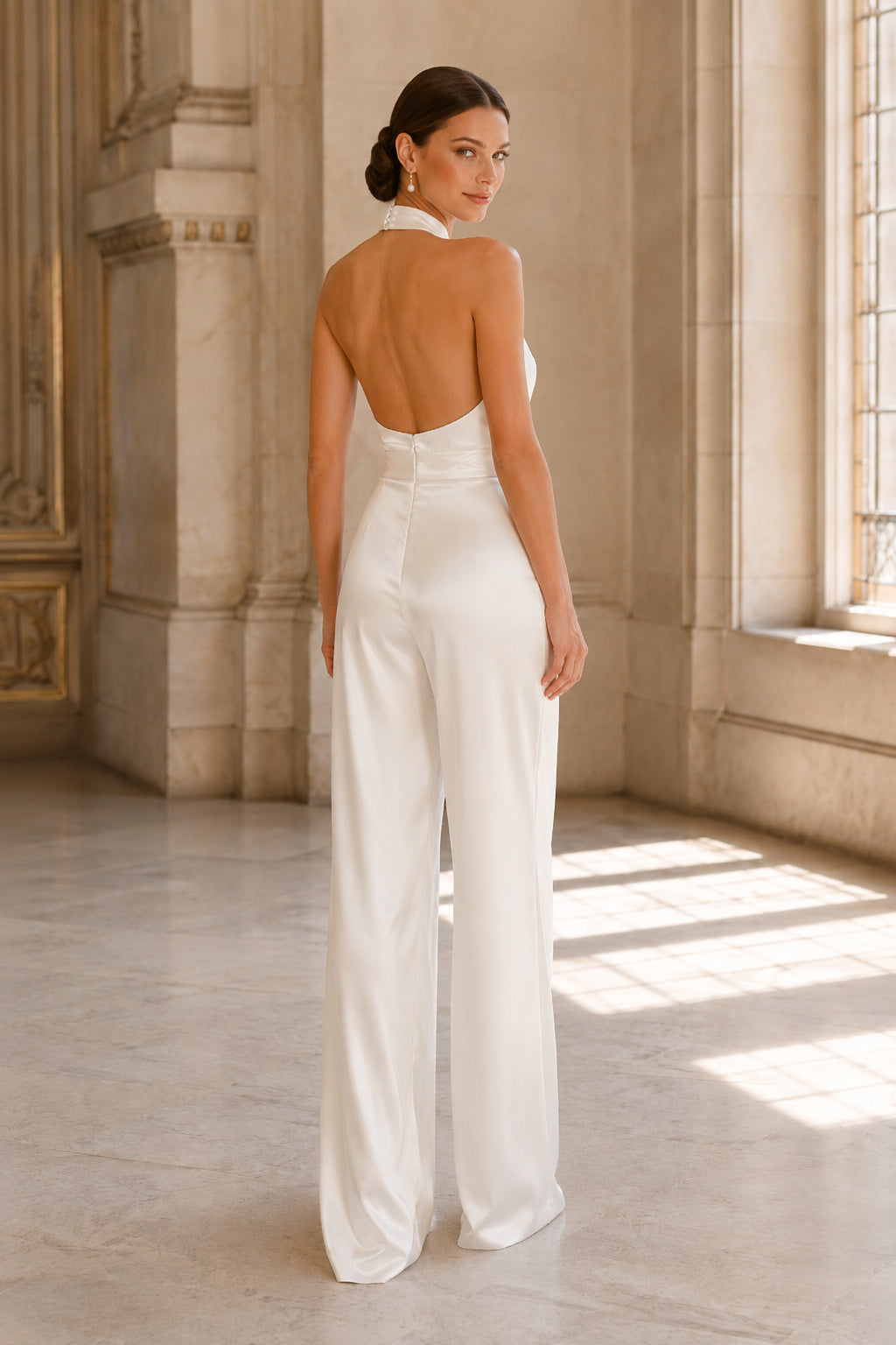 White Halter Draped Satin Backless Wedding Jumpsuit back view