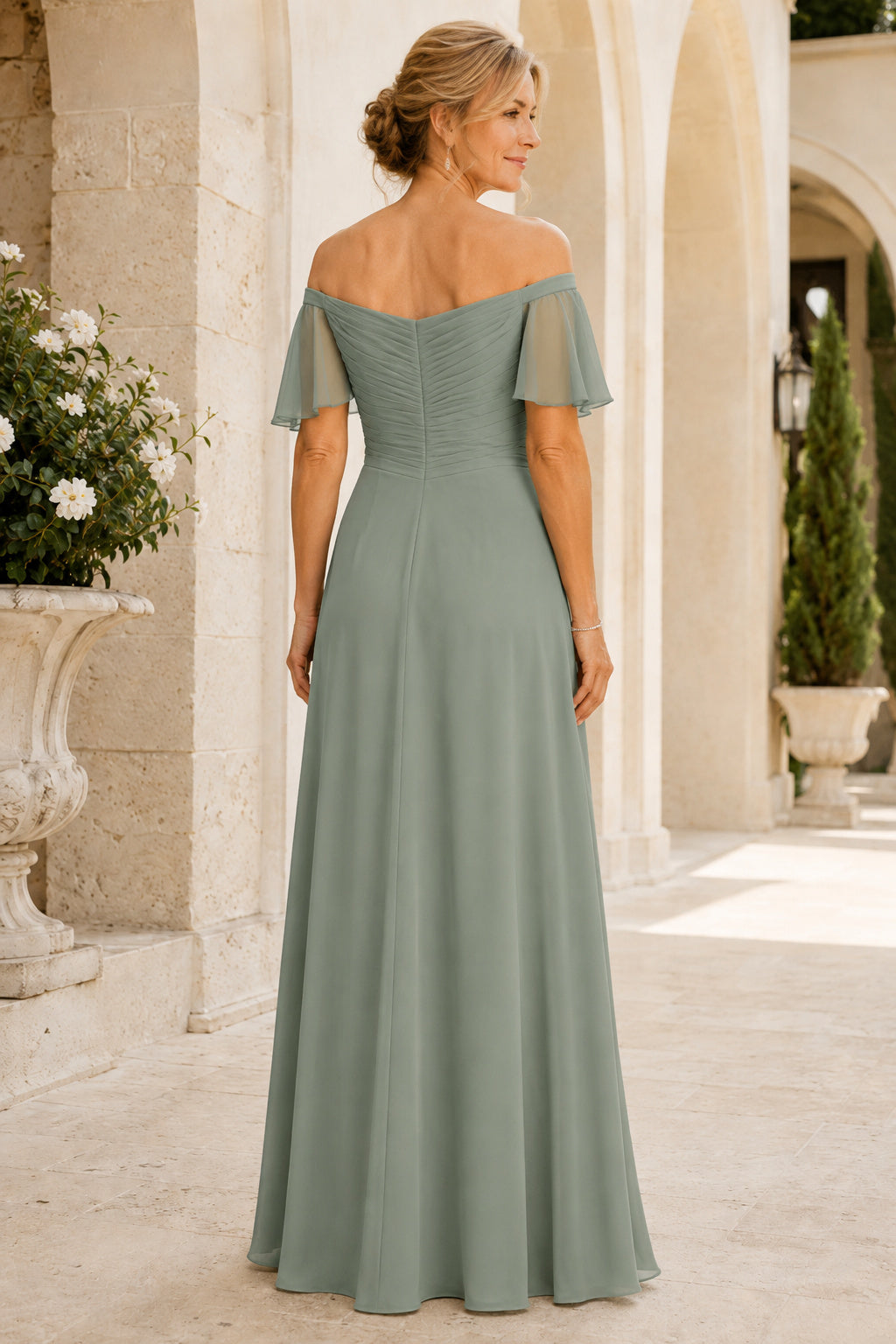 Sage Off Shoulder Chiffon A-Line Mother Dress with Flutter Sleeves and Ruching back view