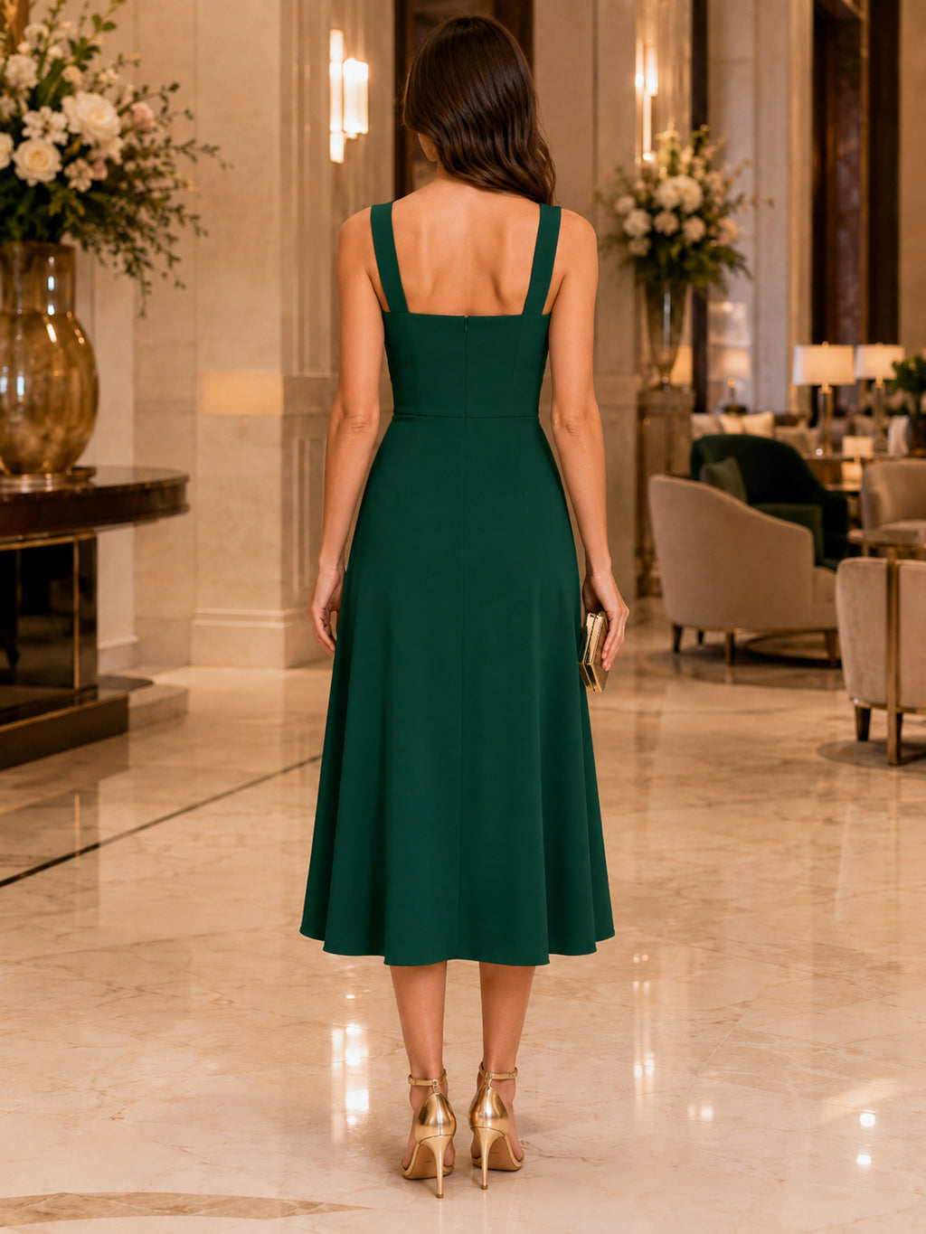 Emerald square neck satin midi A-line guest dress back view