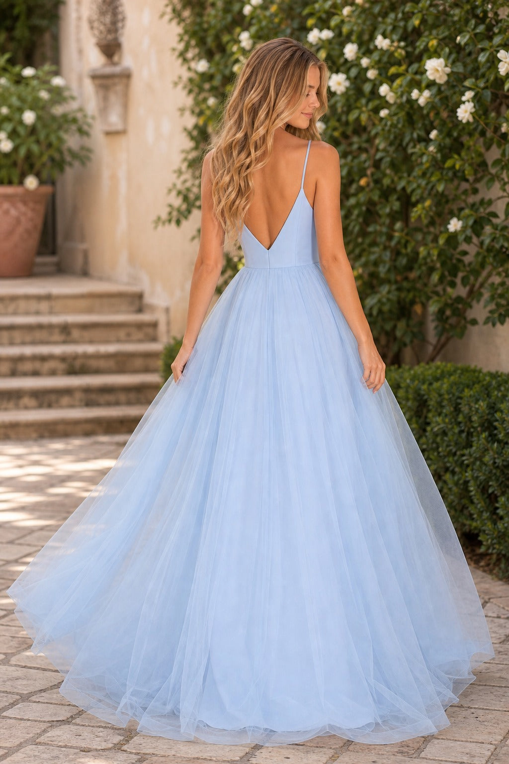 Light Blue Plunging V-Neck Floor-Length Tulle A-Line Dress