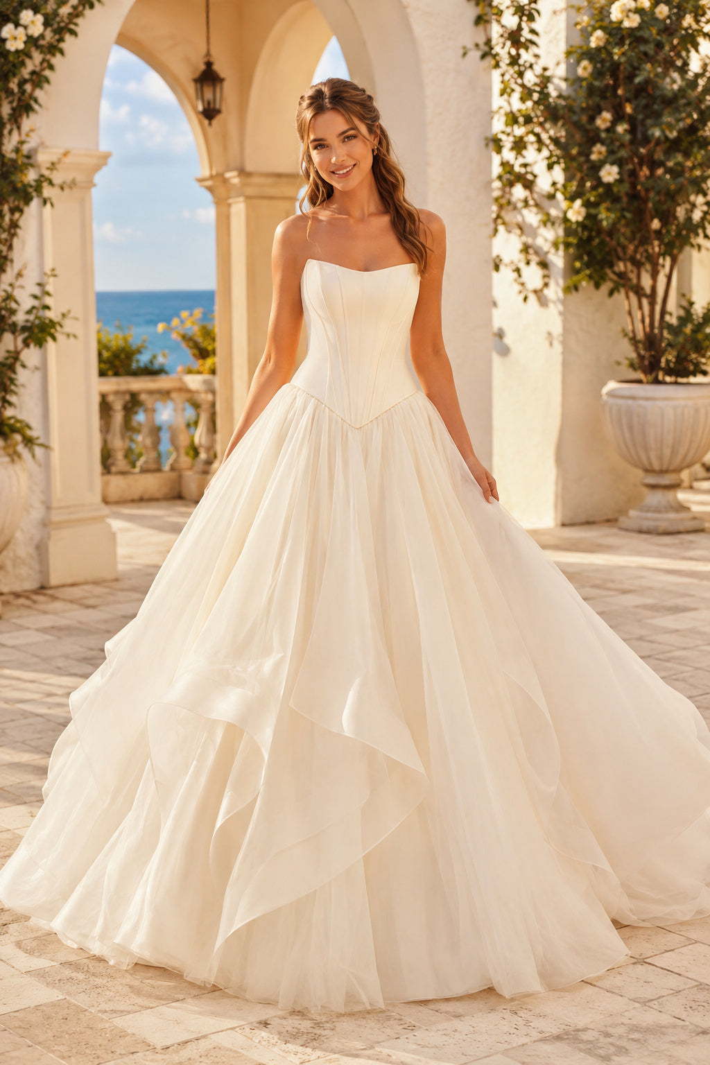 Strapless Tulle Ball Gown Wedding Dress with Layered Skirt front view