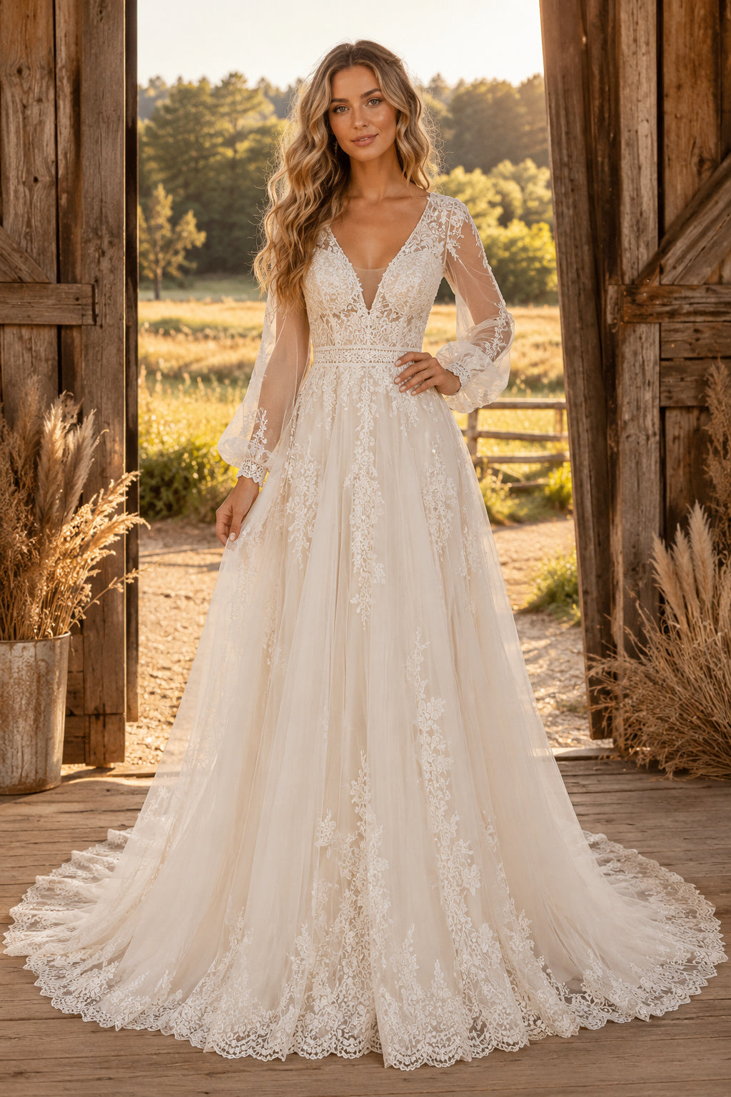 Ivory V-Neck Bishop Sleeve Lace A-Line Wedding Dress with Low-V Back and Train Style MG_701539 front view