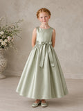 Flower Girl Dress Sage Satin A-Line Sleeveless Jewel Neck Tea Length Sash Bow Back front view