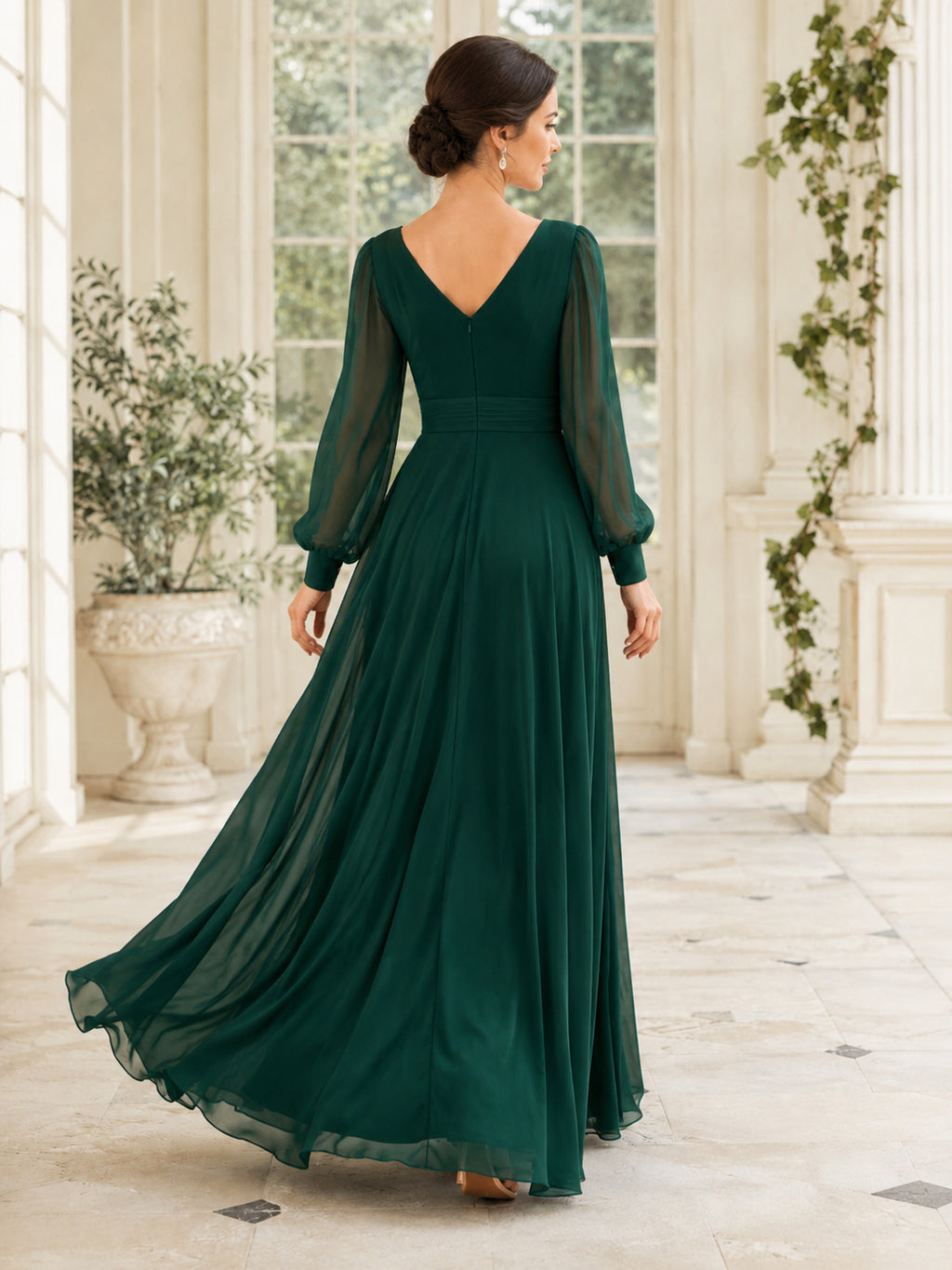 Dark Green V Neck Chiffon Long Sleeve Evening Dress back view