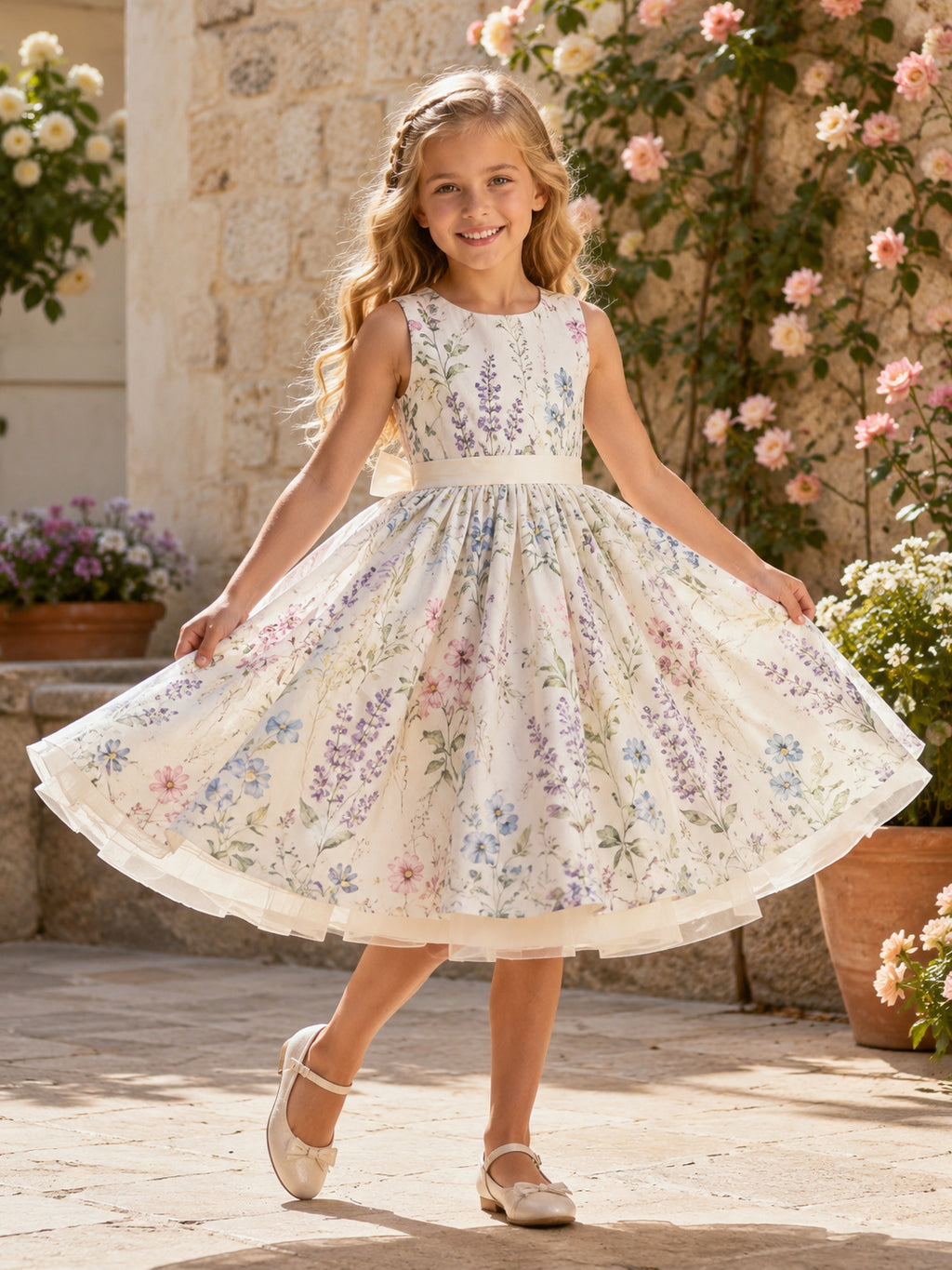 Romantic Floral Botanical Print Flower Girl Dress with Sleeveless Tulle A-Line, Natural Waist, and Tea-Length Skirt front vie