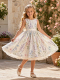 Romantic Floral Botanical Print Flower Girl Dress with Sleeveless Tulle A-Line, Natural Waist, and Tea-Length Skirt front vie