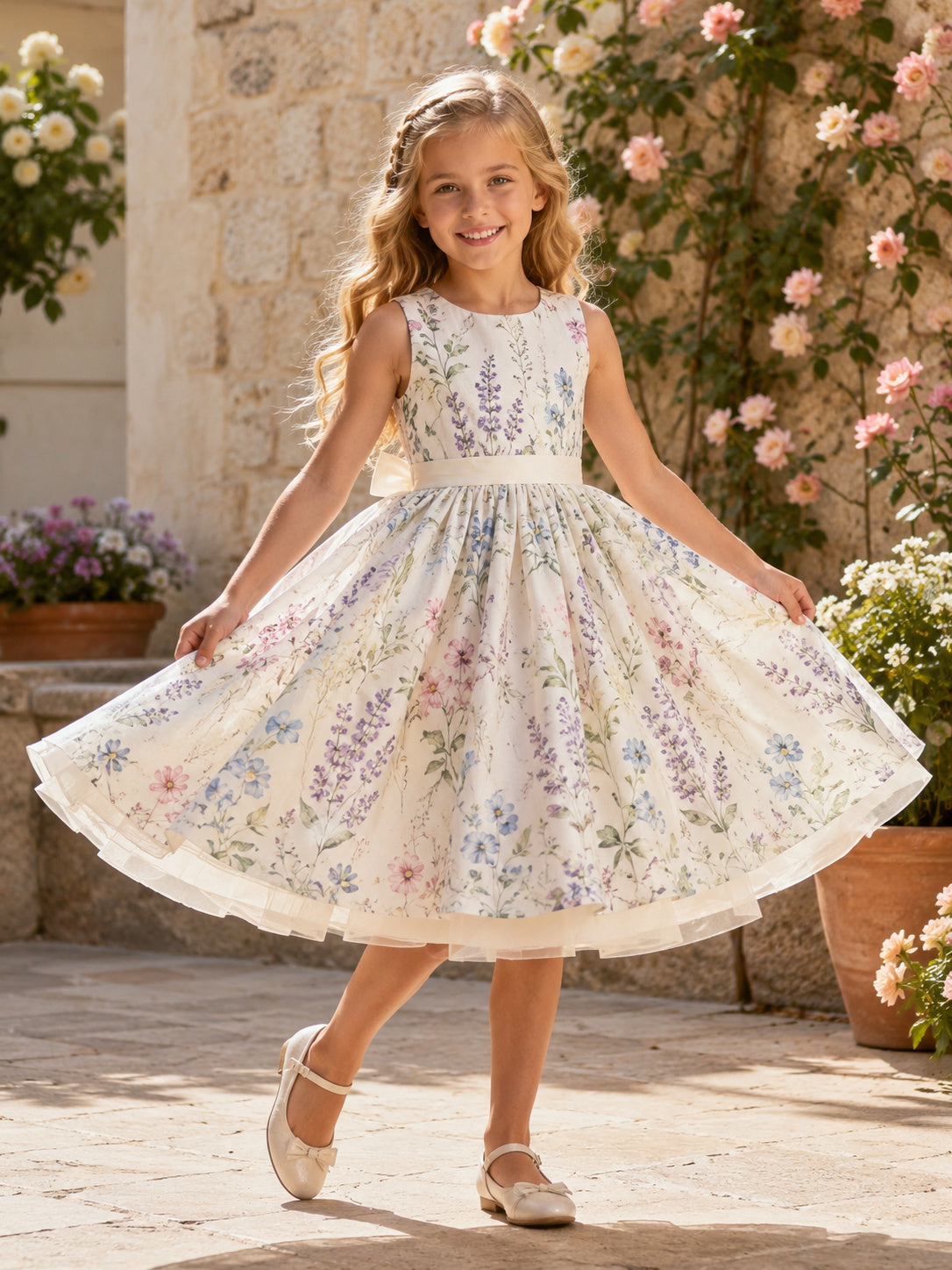Romantic Floral Botanical Print Flower Girl Dress with Sleeveless Tulle A-Line, Natural Waist, and Tea-Length Skirt front vie