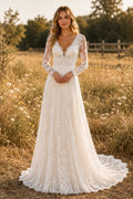 Ivory Long Sleeve V-Neck Lace A-Line Wedding Dress with Low-V Back and Sweep Train front view