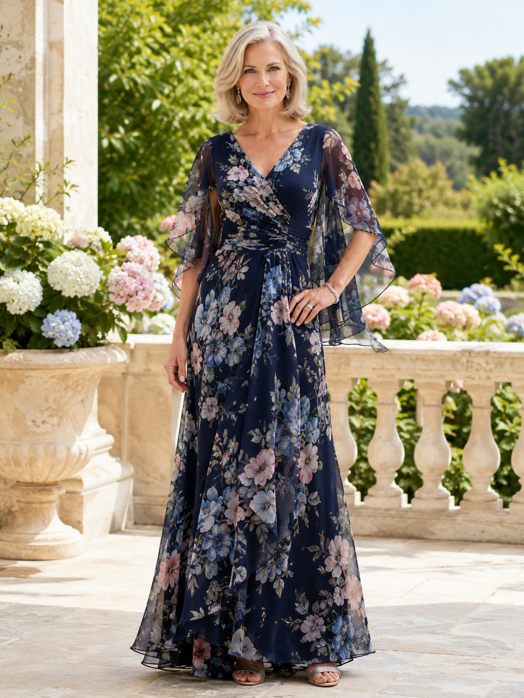 Dark Navy Floral Elegant V-Neck Half Split-Sleeve Chiffon A-Line Floor-Length Summer Garden Mother of the Bride Gown front vi