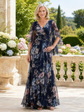 Dark Navy Floral Elegant V-Neck Half Split-Sleeve Chiffon A-Line Floor-Length Summer Garden Mother of the Bride Gown front vi