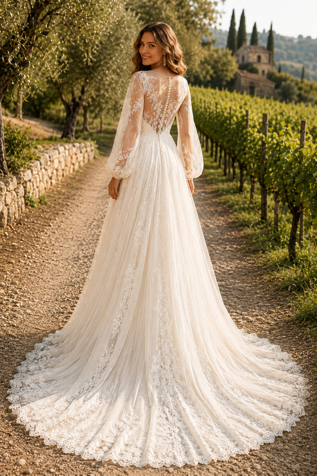 Ivory Bishop Sleeve Illusion Lace A-Line Wedding Dress with V-Neck and Chapel Train back view