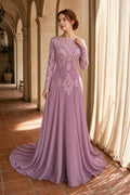 Bateau Neck Long Sleeve Sheath Chiffon Floor-Length Dress With Lace Bodice
