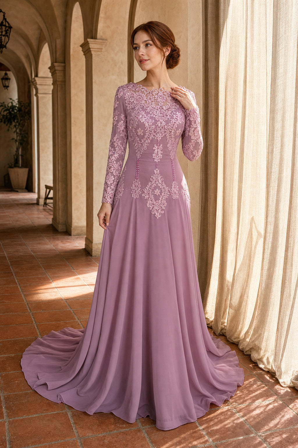 Bateau Neck Long Sleeve Sheath Chiffon Floor-Length Dress With Lace Bodice