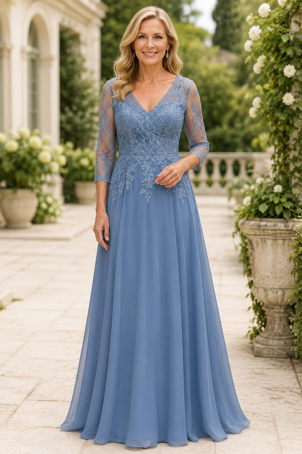Steel Blue V-Neck A-Line Mother Dress with Illusion Sleeves and Lace Bodice for Evening Reception front view