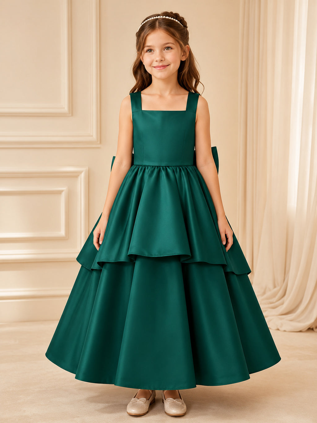 Flower Girl Dress Dark Green Satin A-Line Sleeveless Square Neck Tea Length Bow Detail Tiered Skirt front view