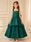 Flower Girl Dress Dark Green Satin A-Line Sleeveless Square Neck Tea Length Bow Detail Tiered Skirt front view