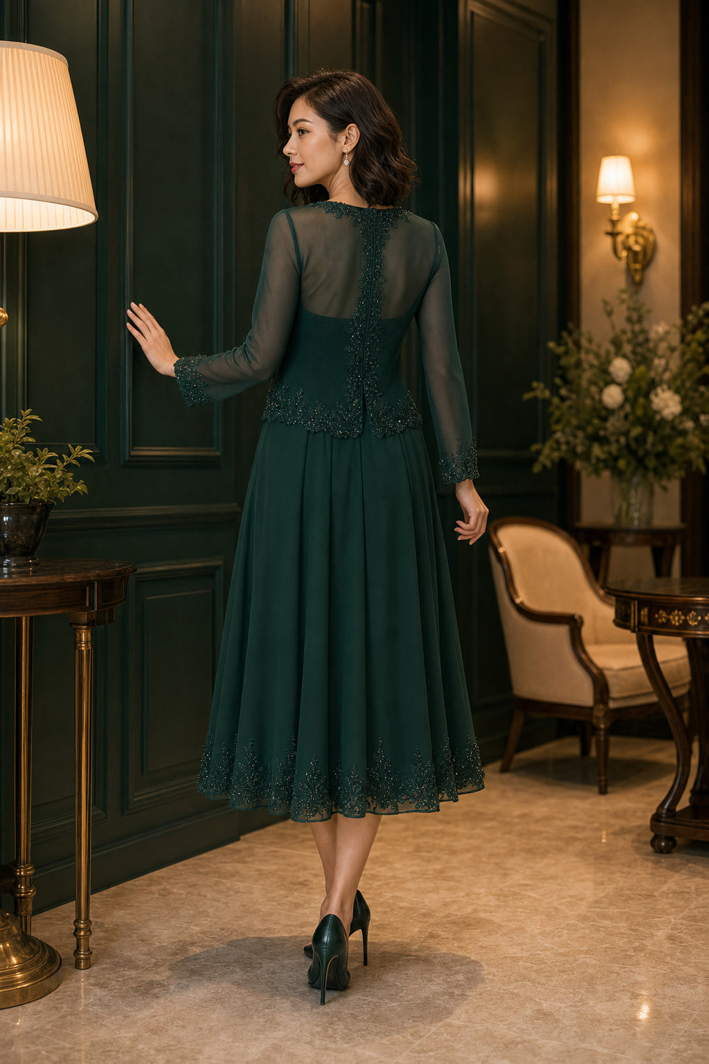 Emerald V-neck Long Sleeve A-Line Chiffon Tea-Length Dress With Sheer Jacket