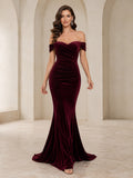 Burgundy Off Shoulder Velvet Mermaid Evening Gown front view